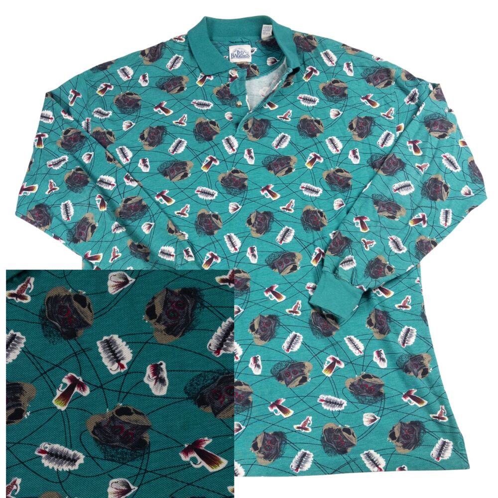 BD‎ Baggies Vintage 90s Fly Fishing Polo Shirt XL Teal All Over Print Cabin Gorp